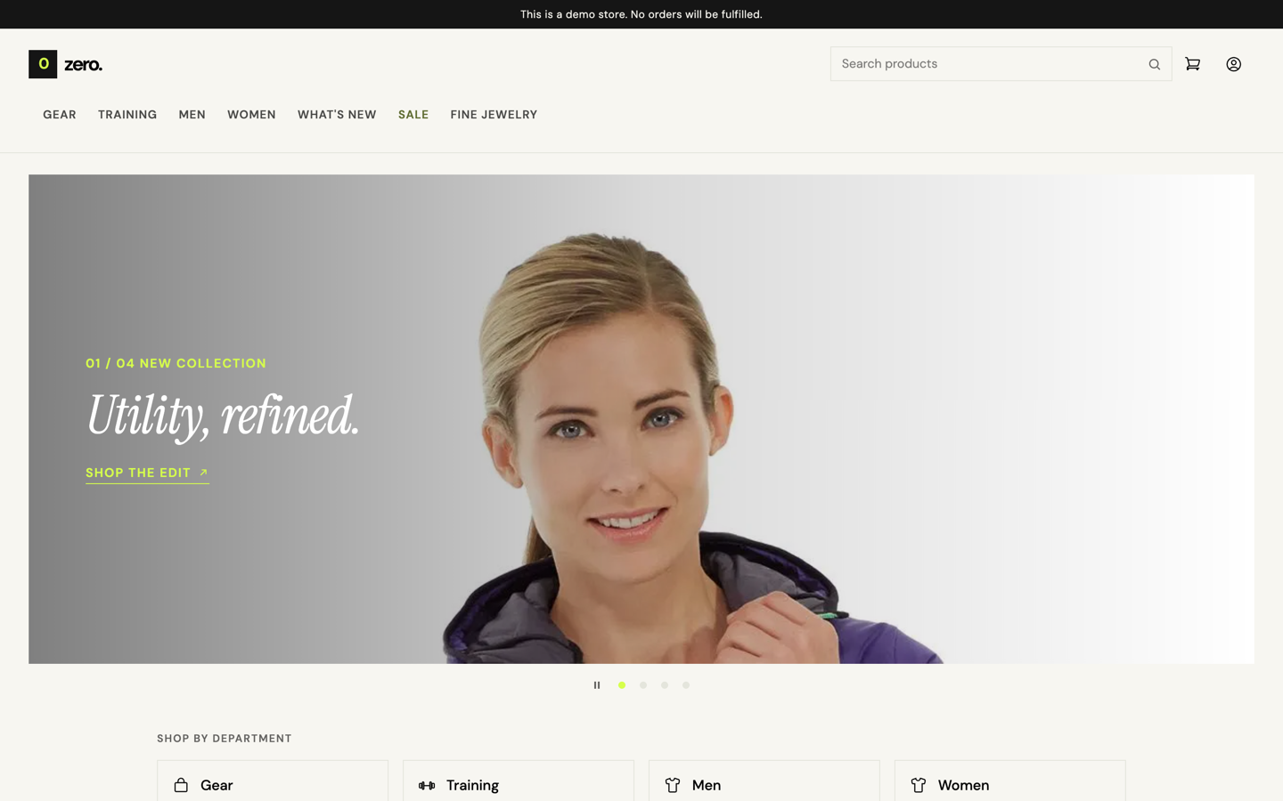 The Zero demo store's home page