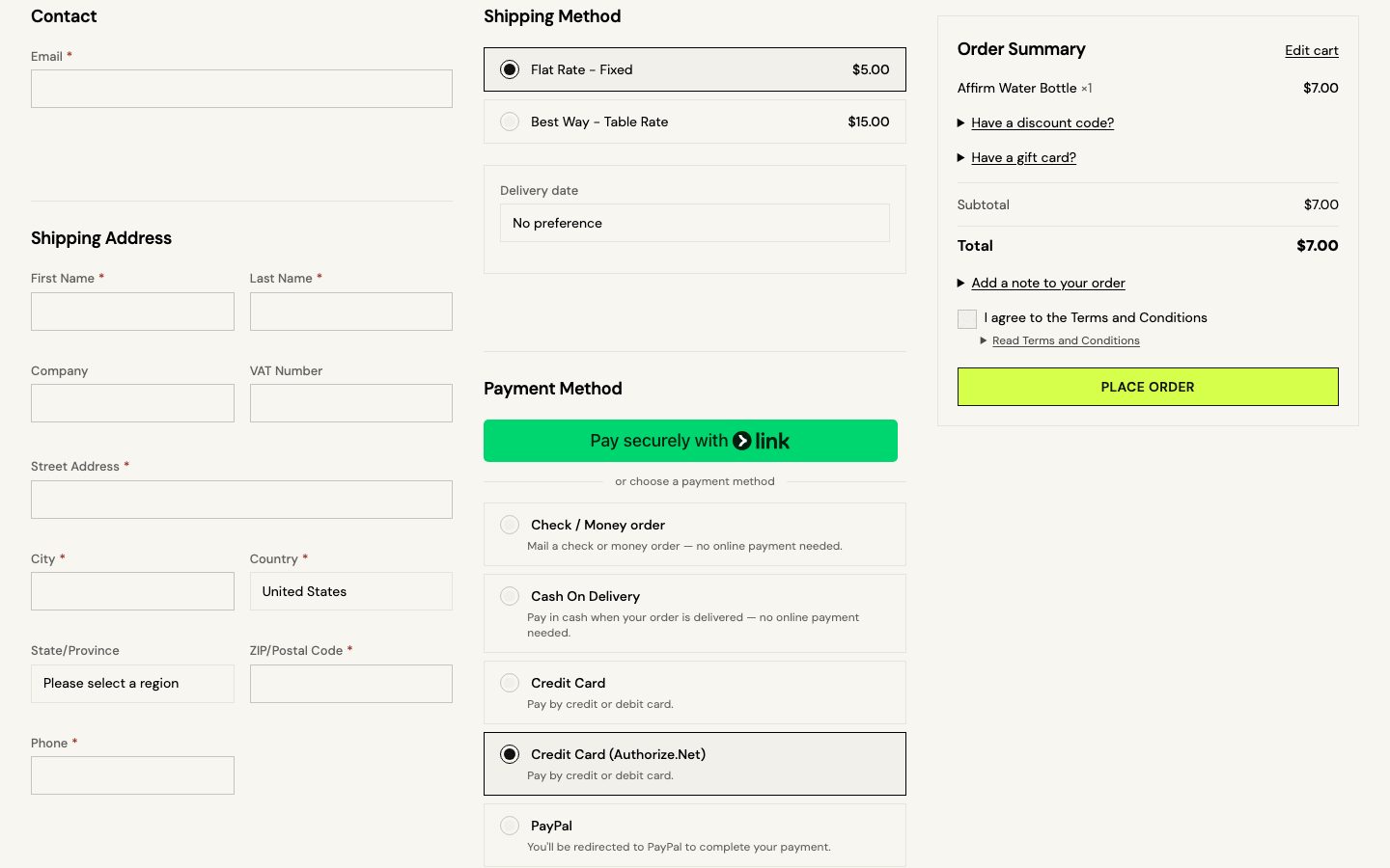 Authorize.Net picked in the demo checkout.