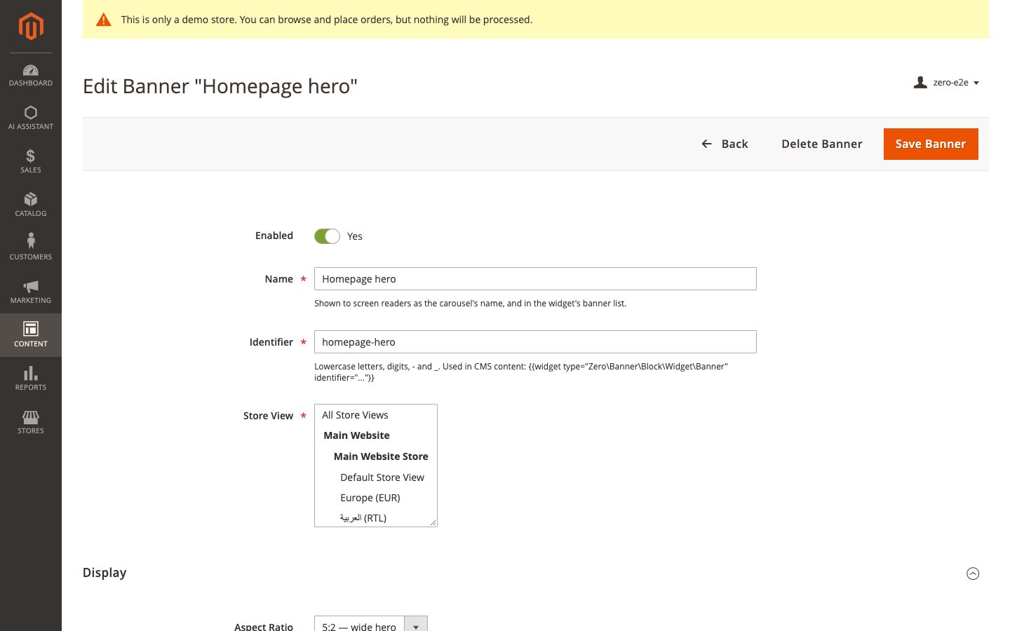 Editing the home page hero in the admin.