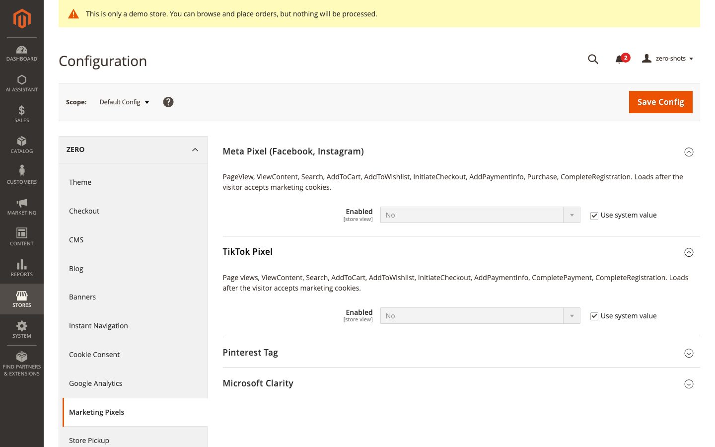 The pixels' settings in the admin.