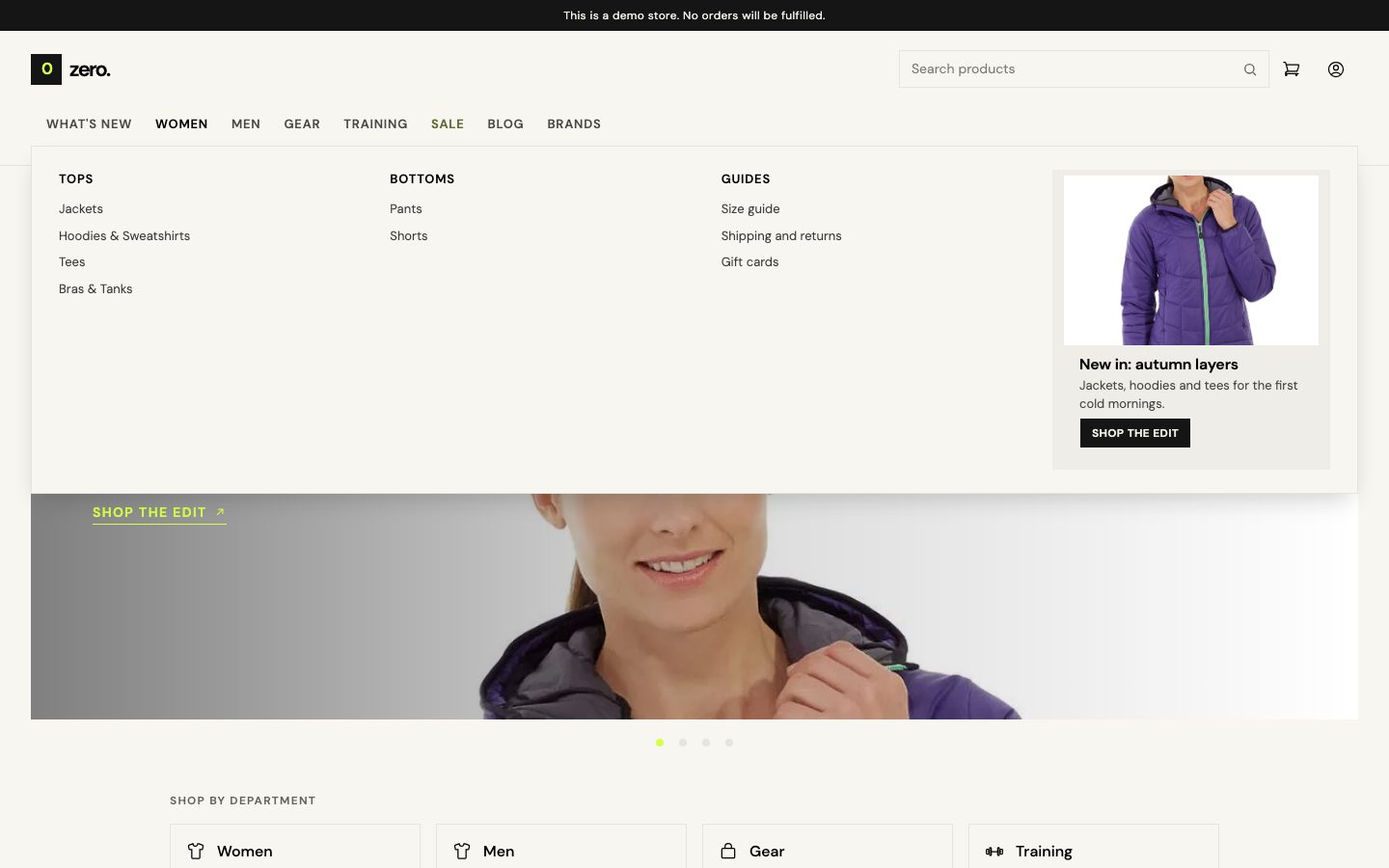 A department's panel open on the demo store.