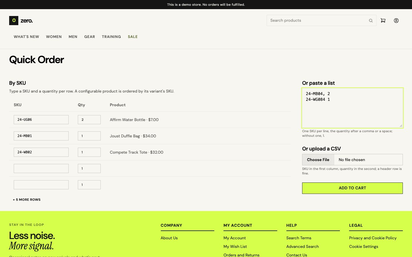 The quick order page.
