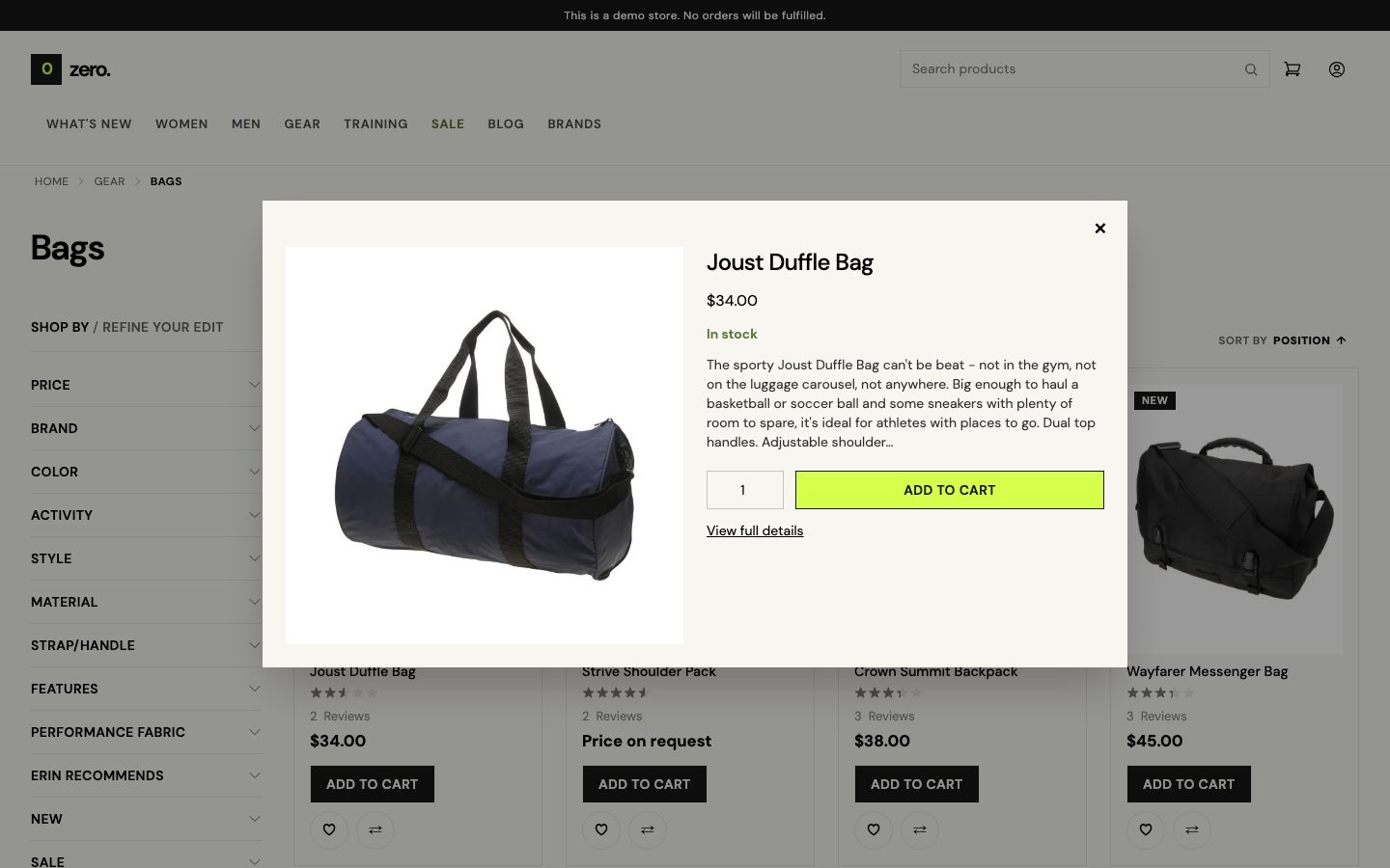 Quick view open on a category page.