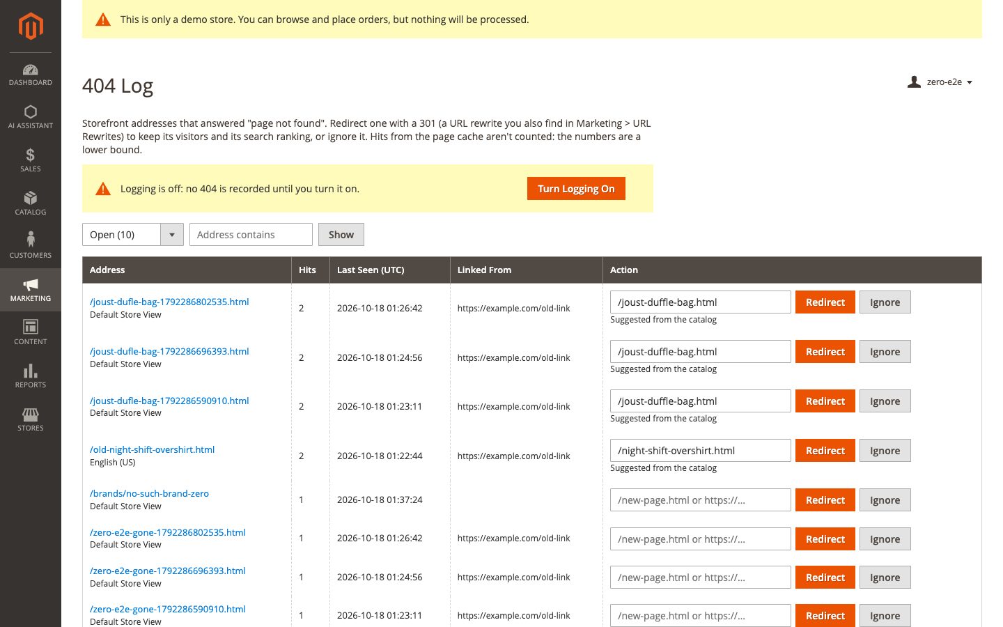 The 404 log with a suggested redirect.