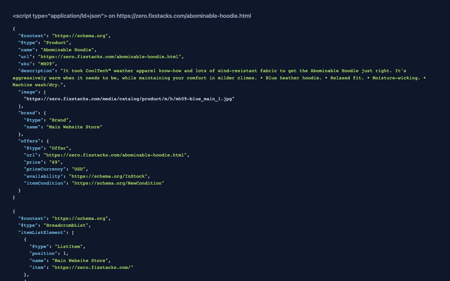 The JSON-LD a product page of the demo store carries.
