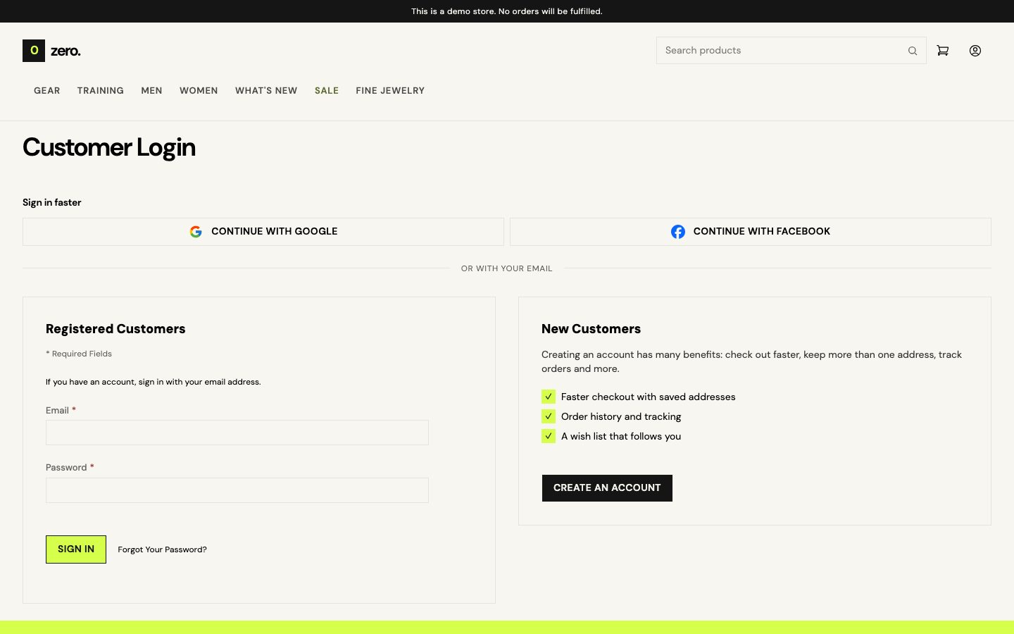 The sign-in page of the demo store.